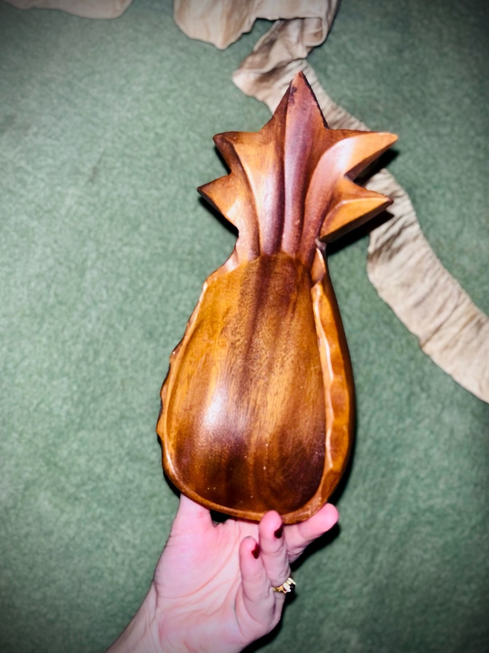 Vtg 1960s MCM Carved Monkey Pod Wood 9” Pineapple Decor Trinket Bowl
